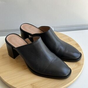 Madewell Mule Womens 9.5 M Black Leather Macarro Stacked Heel Square Toe Slip On